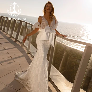 Луксозна сватбена рокля-русалка LOUIS NOVIAS 2023, Прозрачна сватбена рокля без ръкави с V-образно деколте и лък на гърба, Vestidos De Новия