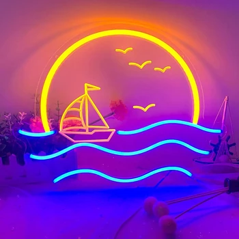 Неонова реклама с Sunset се захранва от USB за декориране на стаята, неон осветление Sea LED с регулируема яркост за декорация на стените в хола Създава приятни вибрации