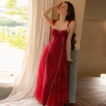 Нощно рокля на марката REBEYULI женски атласное сетчатое дантелено мозайка дълга рокля с отворен гръб и накладки на гърдите нощен дамски пижами