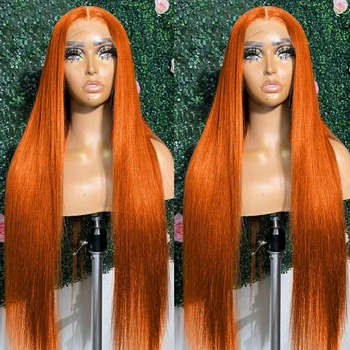 30-32-цолови Имбирно-оранжеви перуки, изработени от човешка коса с прав Бразилски дантела отпред с размер 13x4 кости, Цветен Прозрачен перука, Завързана отпред за жени