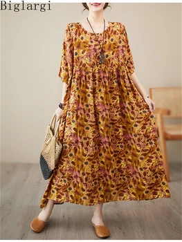 Негабаритное Лятото Винтажное Женствена рокля-пуловер с цветен модел на Корейския дамски Ежедневни Свободни Памучни рокли Дълга рокля с принтом голям размер
