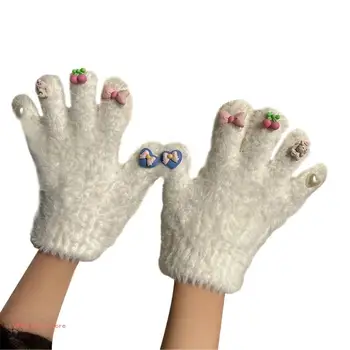 Зимни топли ръкавици от акрил и пухкав плюш за деца и момичета за студено време