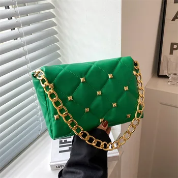 Модерна чанта на верига, модни регистрирани чанти под мишниците от изкуствена кожа с нитове, дамски чанти с капак, дизайнерска дамска чанта