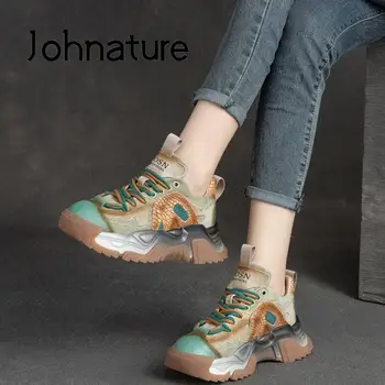 Johnature 2023/ Новост; сезон пролет-есен; ежедневни лоферы в ретро стил с шнур и кръг пръсти; дамски обувки на плоска подметка от естествена кожа;