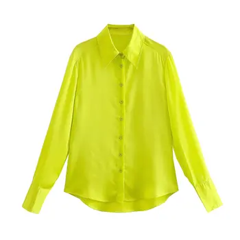 2022 Нова Дамска мода Светло жълт Сатен Риза Дамска Блуза С дълги ръкави Главната Улица Елегантна Дама Пролет-Лято Топ