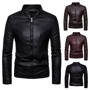 Мъжки модни кожено яке Мотоциклетът яке за улични състезания Ветрозащитная черно яке с цип с тънък яка Мода мъжка риза, която може да се пере