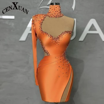 Класически мини-рокля за срещата на завършилите CENXUAN за тийнейджъри, бродирани с мъниста, коктейлни рокли във формата на сърце с високо воротом, Vestido De Noite по поръчка