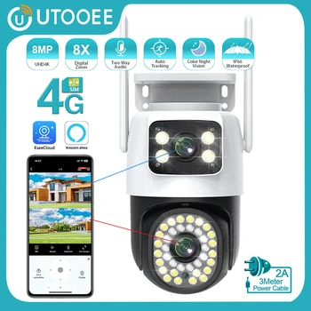 UTOOEE 4K 8MP 4G двухобъективная PTZ камера с два екрана AI Проследяване на човек Външна Wi-Fi система за видеонаблюдение IP камера Алекса