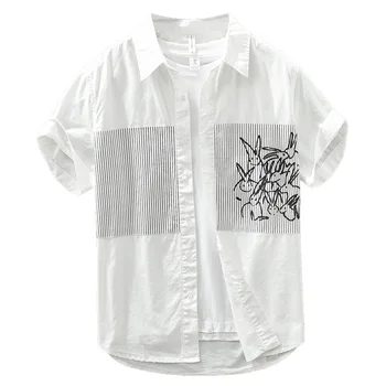 Мъжка лятна риза с къси ръкави в стил мозайка в ивица от фин чист памук, свободна и дишаща ежедневни риза