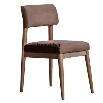 Трапезария стол от масивно дърво в скандинавски стил с матова кожа, минималистичен стол с облегалка от велур