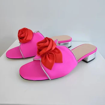 2023 Летни обувки-лодка на площада обувки, Дамски обувки, чехли за баня с кръгли пръсти, Сатенени чехли с флорална декорация, обувки-лодка на висок ток, Обувки за почивка