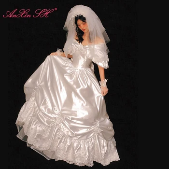 AnXin SH винтажное принцеса рокля от бял сатен с къдри ръчно изработени, розова рокля с v-образно деколте и къс буйни ръкав, цвете вечер старинна сватбена рокля LZ