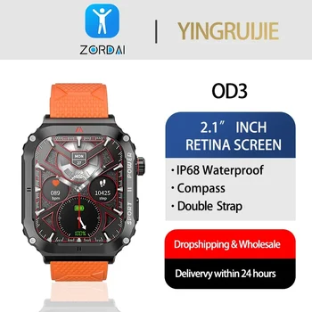 Водоустойчив смарт часовници Zordai OD3 за мъже, фитнес тракер, 2,1-инчов HD екран, спортни часовници на открито, съвместима с Android и IOS