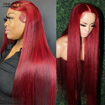 Червена перука на съвсем малък отпред, коси, 30-цолови директни перуки, изработени от човешка коса и кости, прозрачен перука на съвсем малък Hd, завързана перука бордо блондинистого цвят