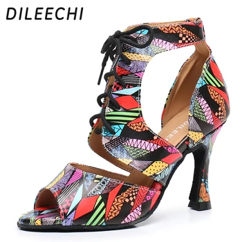DILEECHI/ Цветни кожени обувки за латино танци; Дамски обувки с джапанки и високо берцем; Обувки за танци балната зала за салса, Кубински ток 9 см; Новост;