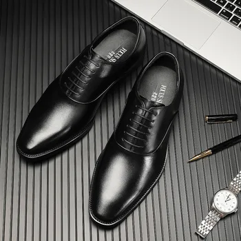 2023 Мъжки бизнес официалната кожени обувки в британския стил, висококачествени обувки от телешка кожа ръчно изработени, малки ботильоны с квадратна глава