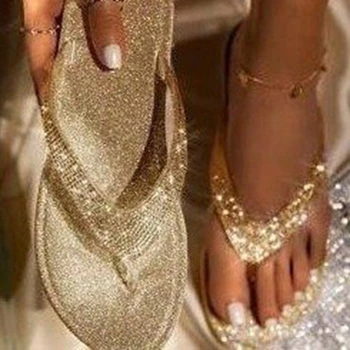 2023 Дамски джапанки-джапанки С кристали Дамски обувки Ежедневни години на равна подметка Жените С хрустальным блясък на една Жена, Плюс Размер на 43