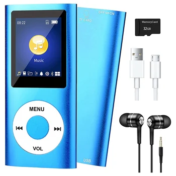 MP3-плейър с Bluetooth 5.0, Музикален плейър с 32 GB TF карта, FM радио, Слушалки, Преносим Музикален плеър, HiFi (Син)