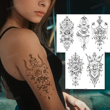 10шт бижута Временна татуировка за жени, мъже Мандала Татуировка във формата на цвете Къна Изкуствени окачване Менди Геометрична татуировка на гърдите Дантела Отзад