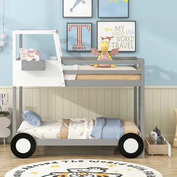 Двуетажно легло на колела, с чекмеджета и рафтове във формата на кола, детска легло в спалня и едно легло