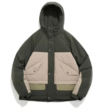 Зимна naka яке в контрастен цвят в стил ретро с качулка, мъжко яке-парка от планински патешко пух, дебела топла памучен яке за мъже