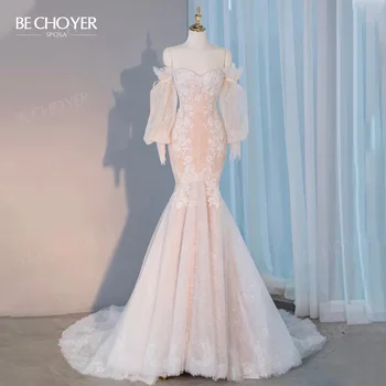 Романтично дантелено сватбена рокля 2023 С аппликацией Русалка Рокля на булката Придворен струята принцеса BECHOYER R104 Vestido de Noiva