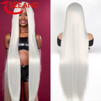SEEANO Дълги прави черни перуки за жени, синтетичен черен права перука, перуки от естествена черна дълга коса, 40 инча (черен)