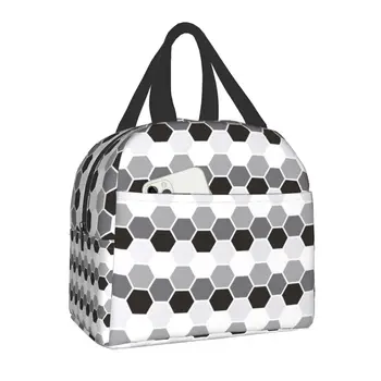 Черно-сива Шестоъгълен Геометрична Изолирано чанта за обяд за жени с абстрактна геометрия, Термосумка за обяд, офис за пикник, пътуване