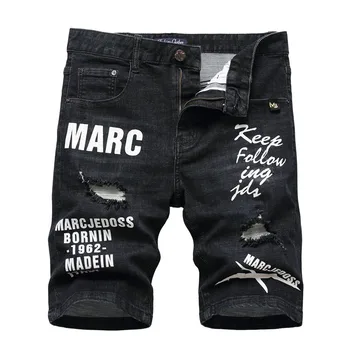 Мъжки летни скъсани къси дънки, прилепнали разтеглив, дънкови шорти с принтом За мъжки дизайнерски дъното