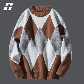 Мъжки Вязаный пуловер Harajuku, Пуловер с геометрични щампи, Мъжки Градинска облекло 2023, Есенно-зимни Вълнени Реколта Ежедневни Пуловери За мъже