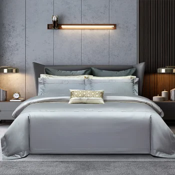Луксозен памук в минималистичен стил, сатен-жакард, комплект от 4 теми, Памучно Шелковистое спално бельо с бродерия
