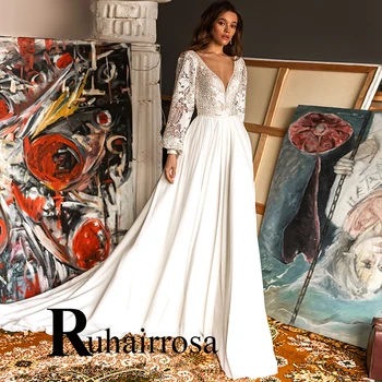 Ruhair Изискана булчинска рокля с дълги ръкави и V-образно деколте, дантелени рокли без гръб, апликации, Вечерна рокля на булката Robe De Mariée