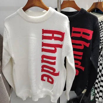 Вязаный пуловер с логото на Rhude за мъже и жени, високо качество пуловер, жаккардовый пуловер оверсайз в тон, мъжки пуловер