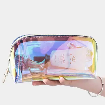 Чанта с цип Водоустойчива чанта за тоалетни принадлежности Прозрачна чанта за съхранение в банята Пътна чанта за съхранение на Полукръгли косметичка Лазерна косметичка