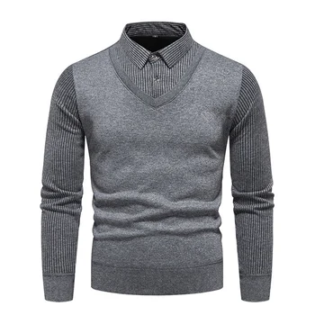 2023 Монофонични вязаный пуловер за мъжете, есен-Зима, фалшиви пуловери-двойки, мъжки тънък пуловер, ежедневни вълнени пуловери, потници