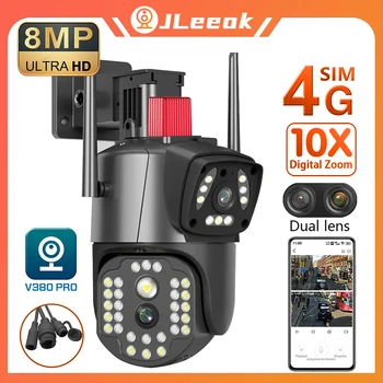 JLeeok 4K 8MP 4G SIM Карти С двойна Леща PTZ Камера С Двойна Екран AI Проследяване на Човек WIFI Сигурност, ВИДЕОНАБЛЮДЕНИЕ IP Камера за Наблюдение V380 PRO