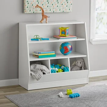 Детско кошче за боклук и книжен шкаф с две рафтове, бяла лавица за книги за деца