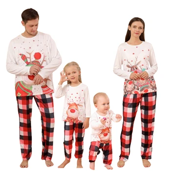 Коледна пижама Xingqing, подходяща за семейство, облекло, Блузи с дълги ръкави и принтом лосове + Проверени панталони, дрехи за родители и деца, дрехи за почивка