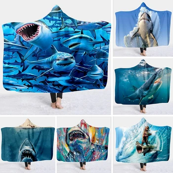 Одеяло с 3D дигитален печат под формата на акула, Моден тренд, одеало с качулка, Индивидуално одеяло с климатик, Офис Домашно топло одеяло