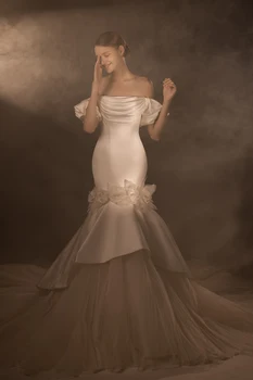 Шарън Каза Реални снимки на Елегантната Сватбена рокля на Русалка с открити рамене с 3D цветя, Атласное Тюлевое Висококачествено Сватбена рокля Q-6012